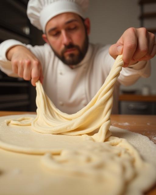 Our head chef skillfully stretching fresh pizza dough.